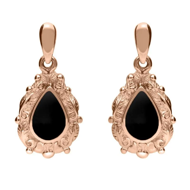 18ct Rose Gold Whitby Jet Pear Shaped Leaf Drop Earrings sold by Jura Watches