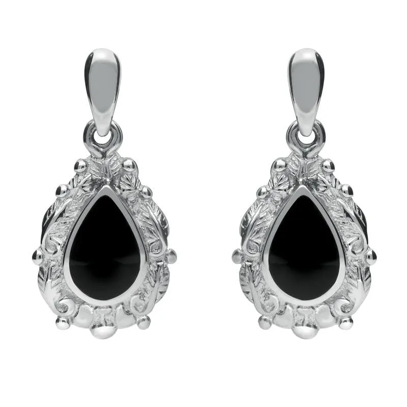 9ct White Gold Whitby Jet Pear Shaped Leaf Drop Earrings sold by Jura Watches