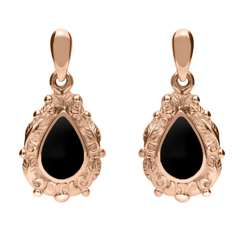 9ct Rose Gold Whitby Jet Pear Shaped Leaf Drop Earrings sold by Jura Watches