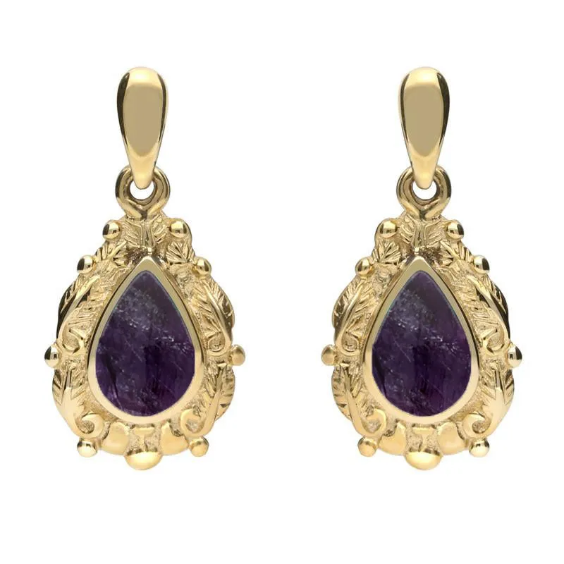 9ct Yellow Gold Blue John Pear Shaped Leaf Drop Earrings sold by Jura Watches