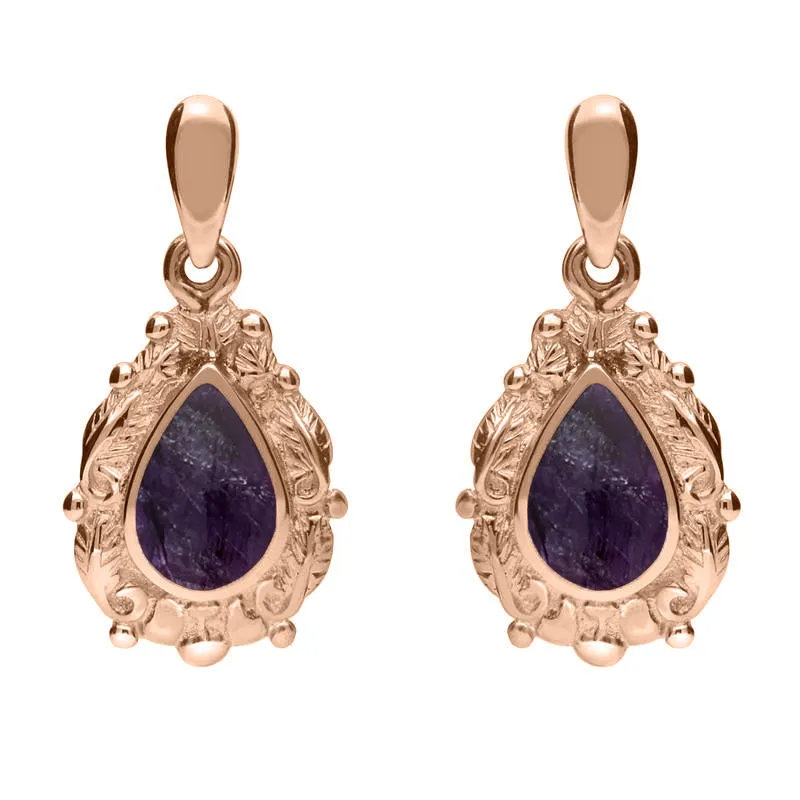 9ct Rose Gold Blue John Pear Shaped Leaf Drop Earrings sold by Jura Watches