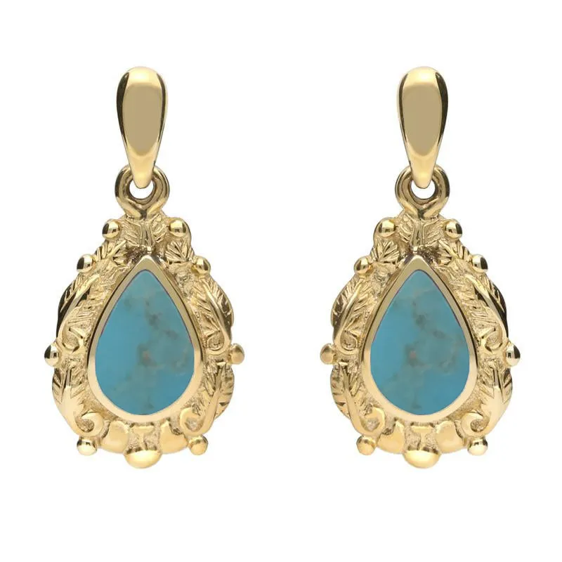 18ct Yellow Gold Turquoise Pear Shaped Leaf Drop Earrings sold by Jura Watches