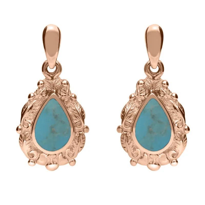 9ct Rose Gold Turquoise Pear Shaped Leaf Drop Earrings sold by Jura Watches