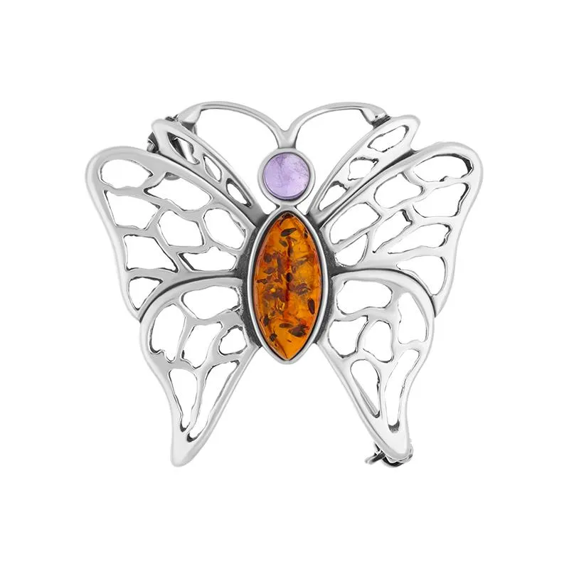 Sterling Silver Baltic Amber Amethyst Butterfly Brooch D sold by Jura Watches