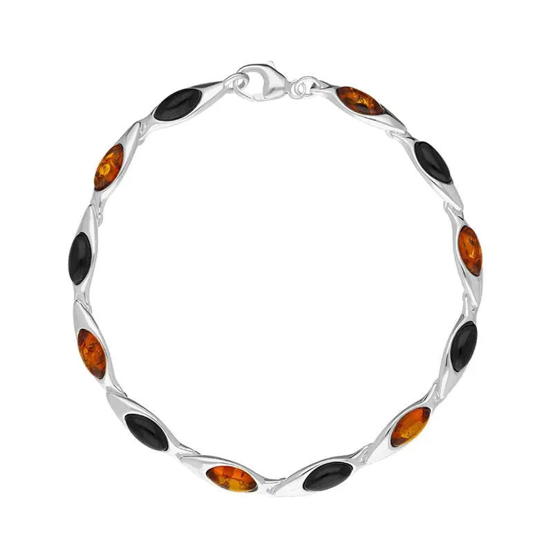 Sterling Silver Baltic Amber Whitby Jet Marquise Link Bracelet sold by Jura Watches