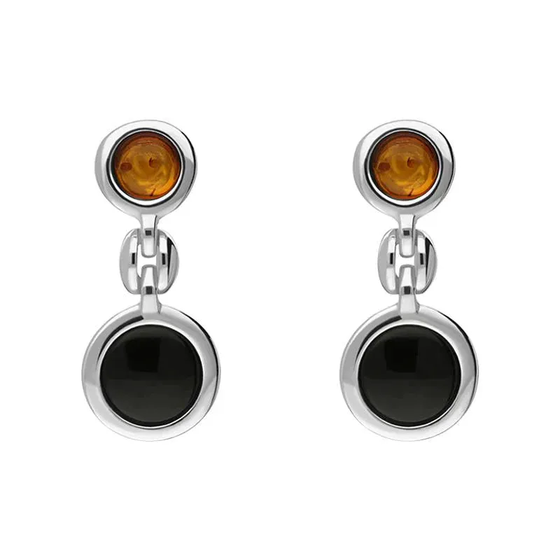 Sterling Silver Baltic Amber Whitby Jet Graduated Drop Earrings sold by Jura Watches