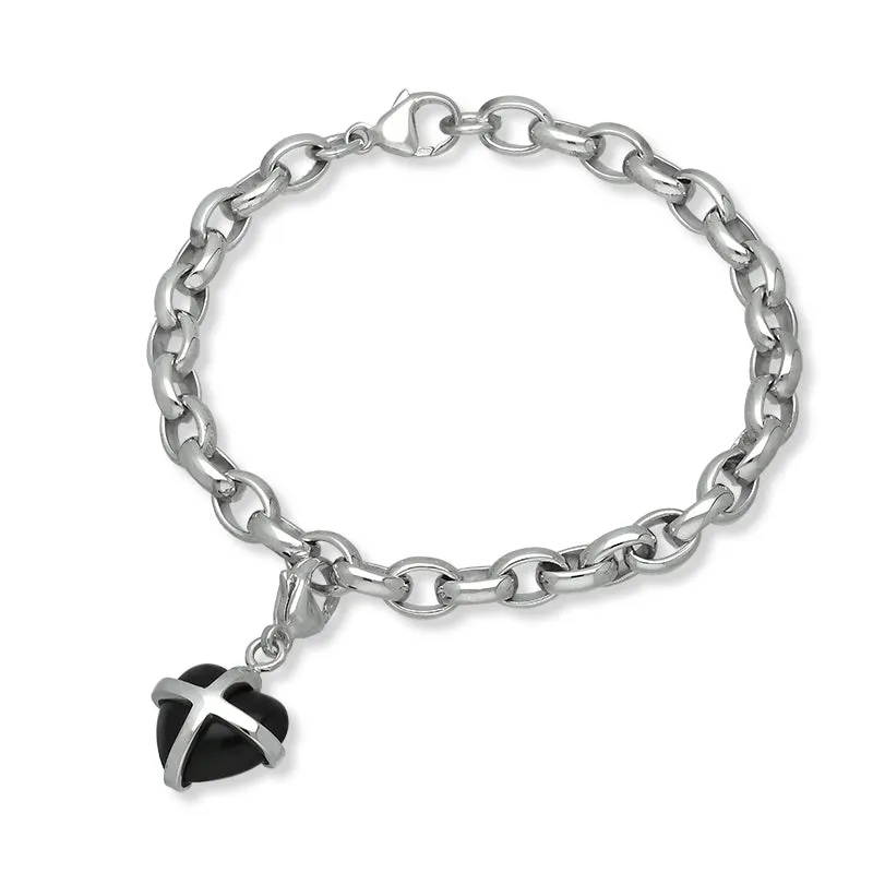 Sterling Silver Whitby Jet Small Cross Heart Charm Bracelet sold by Jura Watches