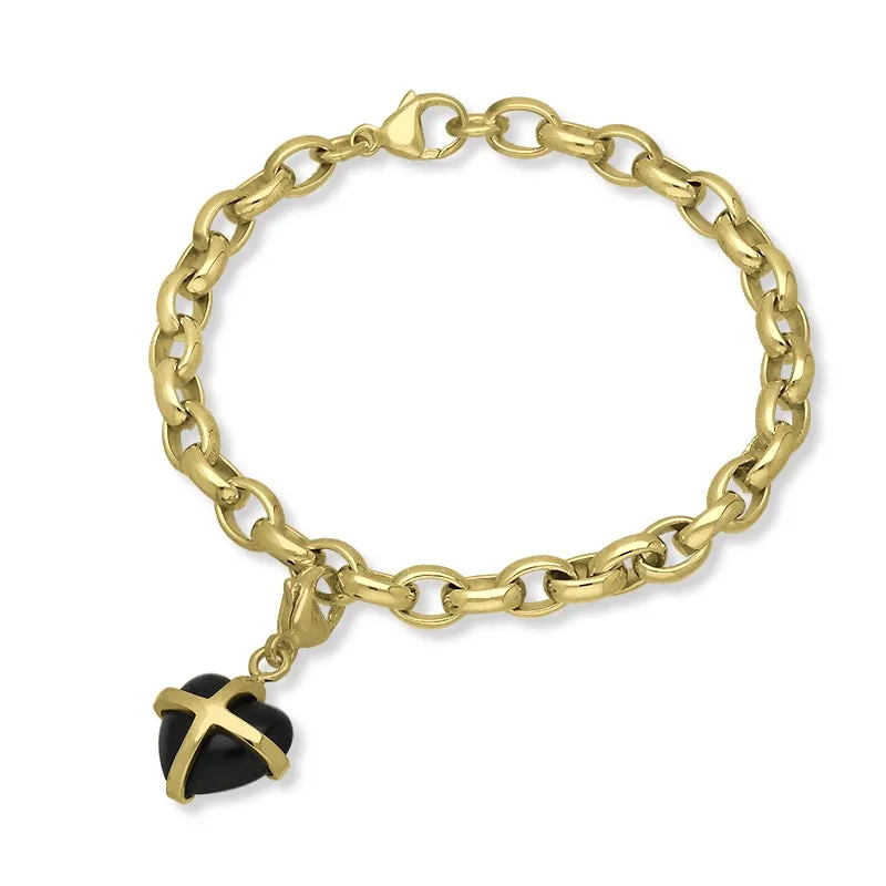 9ct Yellow Gold Whitby Jet Small Cross Heart Charm Bracelet sold by Jura Watches