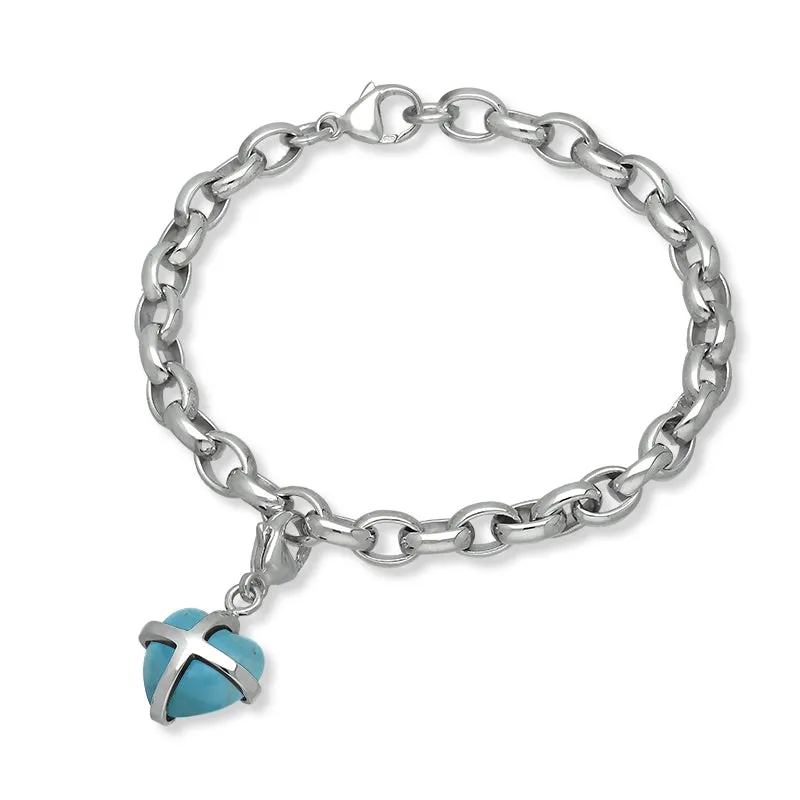 Sterling Silver Turquoise Small Cross Heart Charm Bracelet sold by Jura Watches