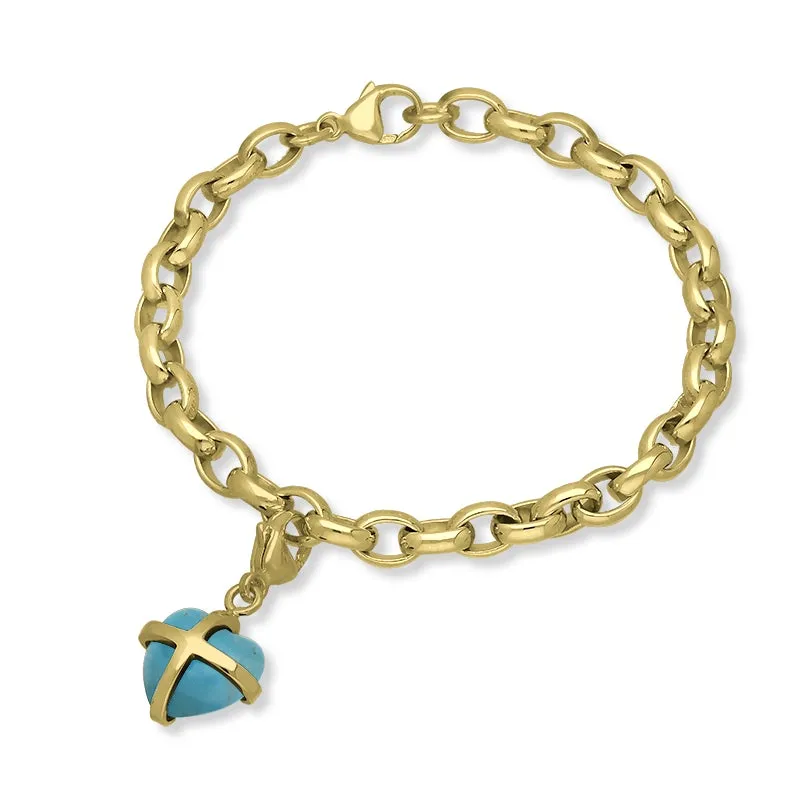 9ct Yellow Gold Turquoise Small Cross Heart Charm Bracelet sold by Jura Watches