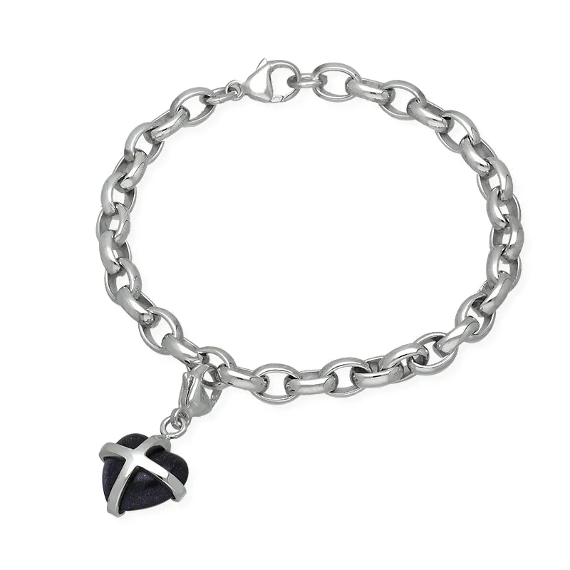 Sterling Silver Blue Goldstone Small Cross Heart Charm Bracelet sold by Jura Watches