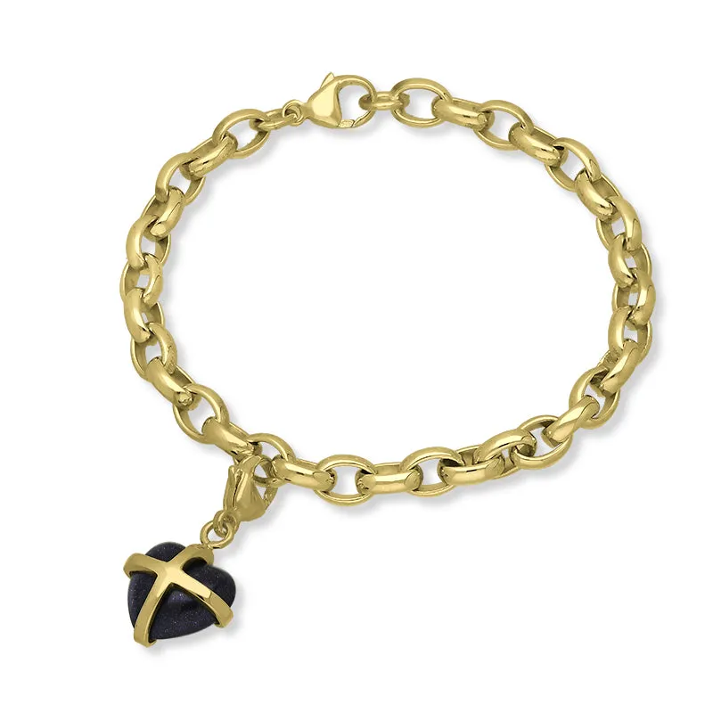 9ct Yellow Gold Blue Goldstone Small Cross Heart Charm Bracelet sold by Jura Watches