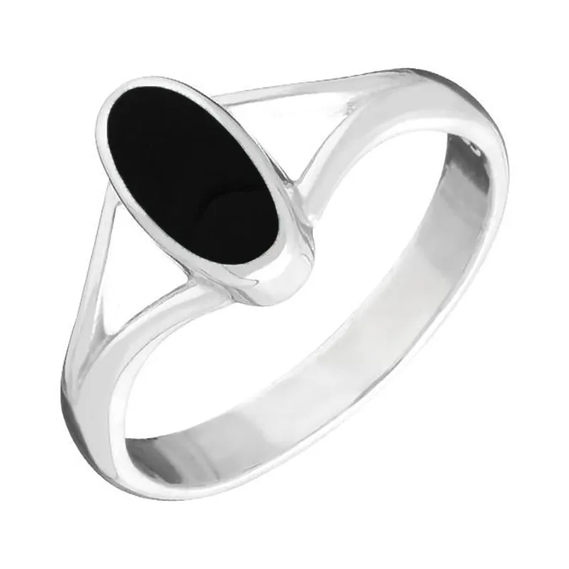 9ct White Gold Whitby Jet Heritage Oval Split Shoulder Ring sold by Jura Watches