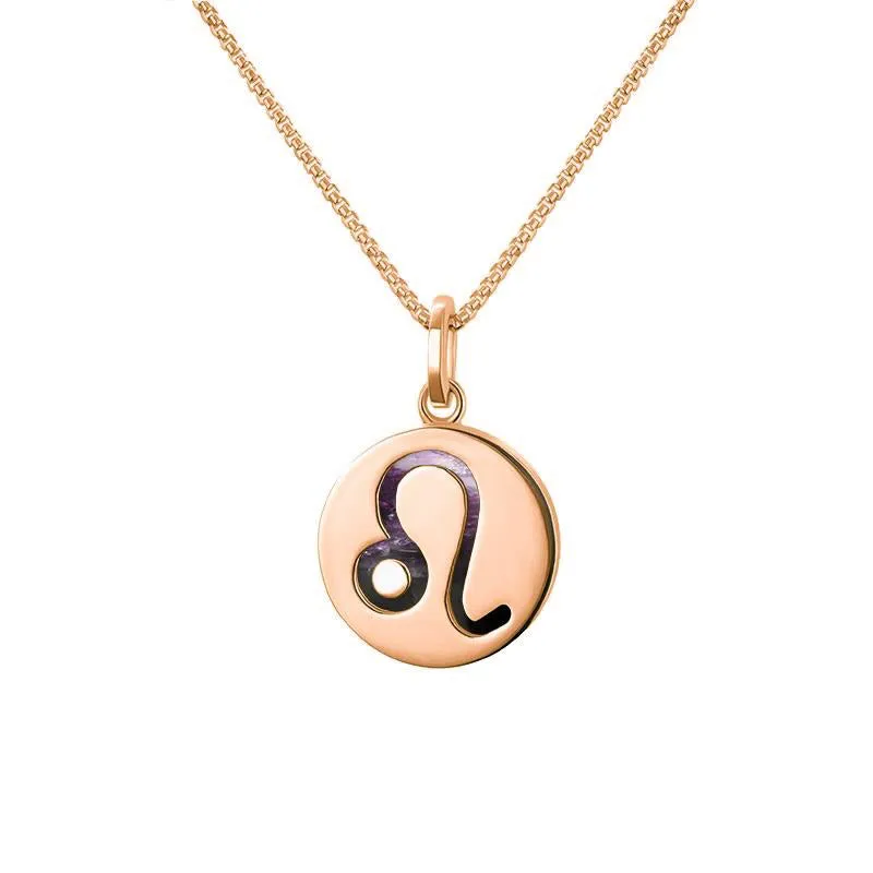 9ct Rose Gold Blue John Zodiac Leo Round Necklace sold by Jura Watches