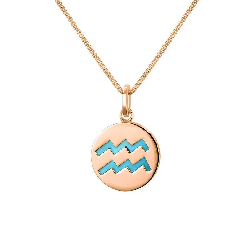 9ct Rose Gold Turquoise Zodiac Aquarius Round Necklace sold by Jura Watches