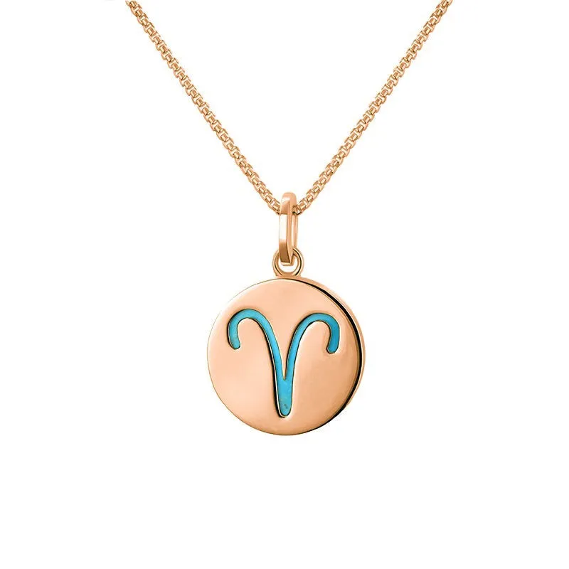 9ct Rose Gold Turquoise Zodiac Aries Round Necklace sold by Jura Watches