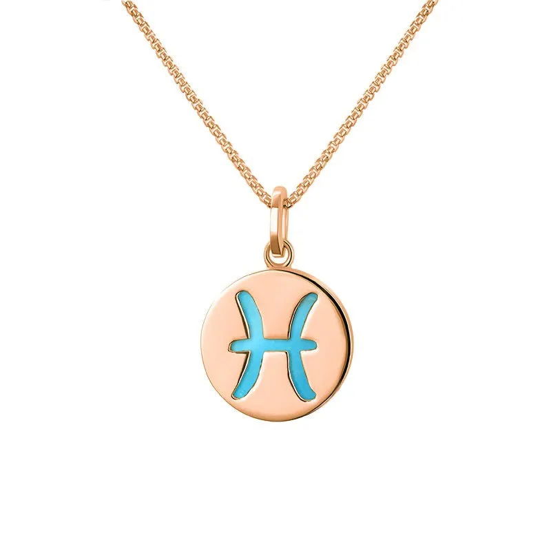 9ct Rose Gold Turquoise Zodiac Pisces Round Necklace sold by Jura Watches