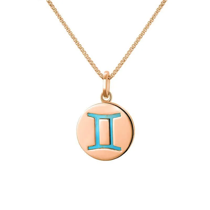 9ct Rose Gold Turquoise Zodiac Gemini Round Necklace sold by Jura Watches