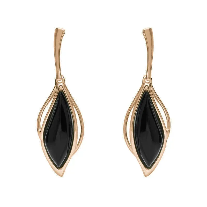 9ct Rose Gold Whitby Jet Open Marquise Drop Earrings sold by Jura Watches