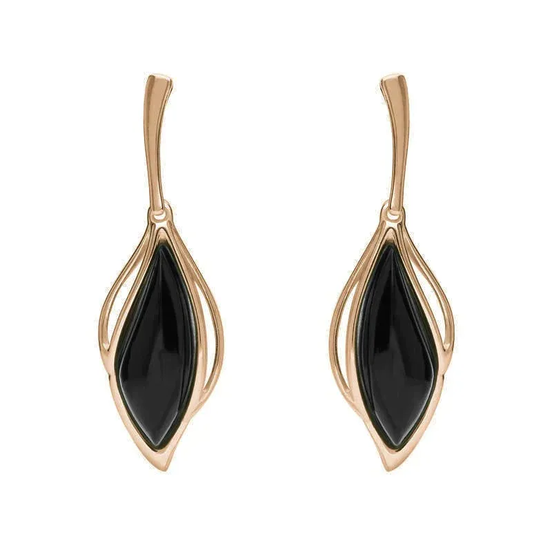 18ct Rose Gold Whitby Jet Open Marquise Drop Earrings sold by Jura Watches