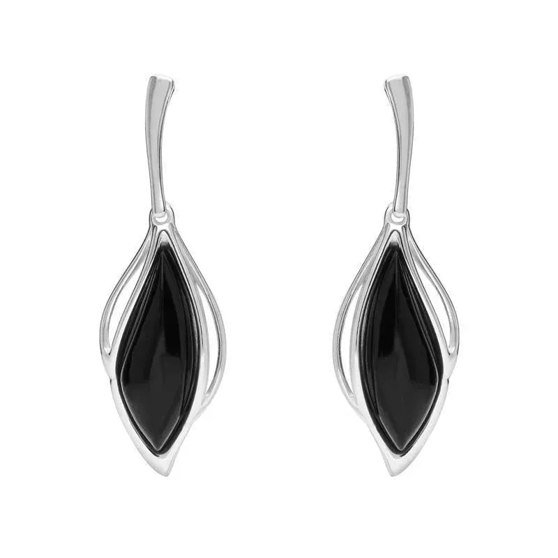 18ct White Gold Whitby Jet Open Marquise Drop Earrings sold by Jura Watches