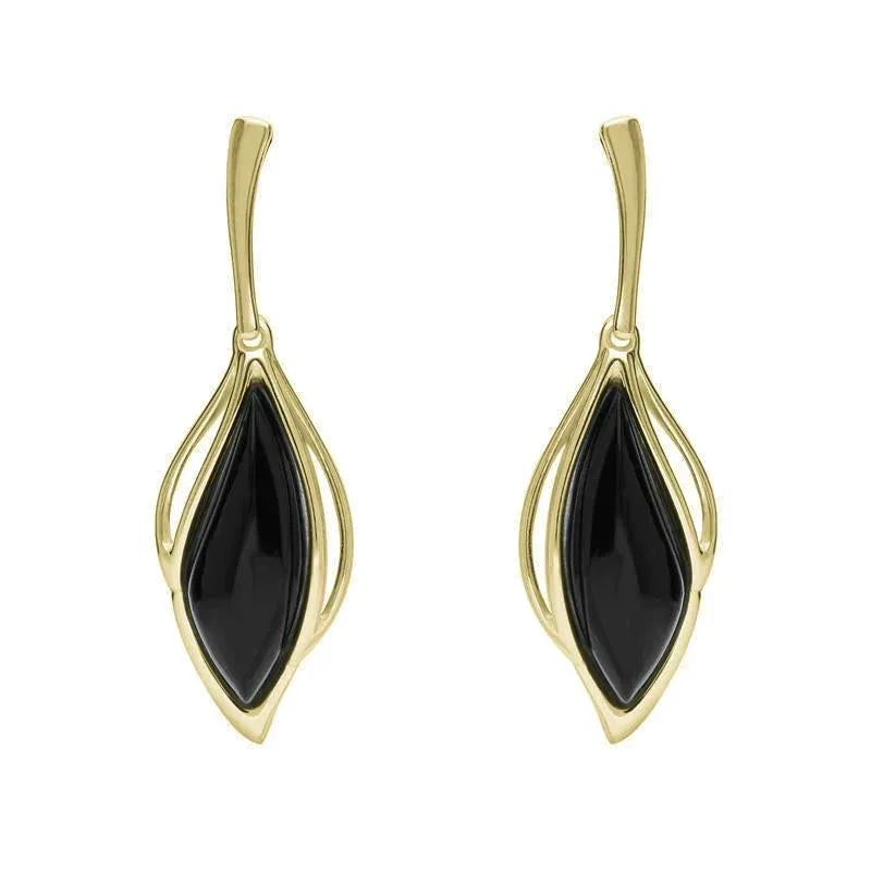 18ct Yellow Gold Whitby Jet Open Marquise Drop Earrings sold by Jura Watches