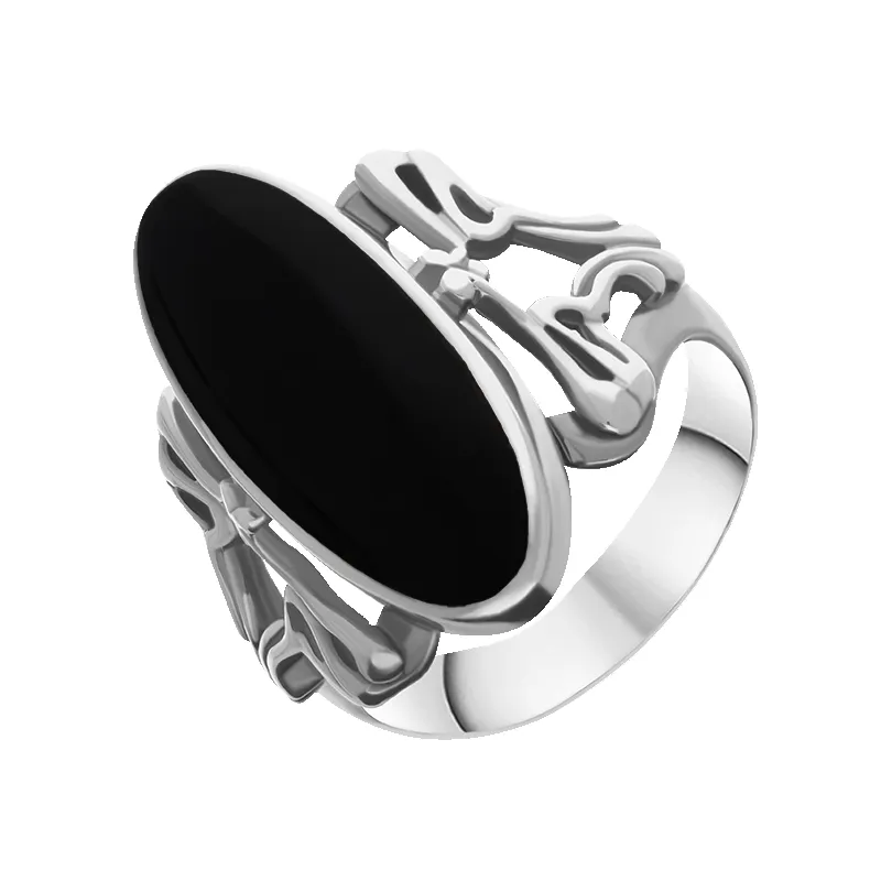 Sterling Silver Whitby Jet Oval Carved Edge Ring sold by Jura Watches