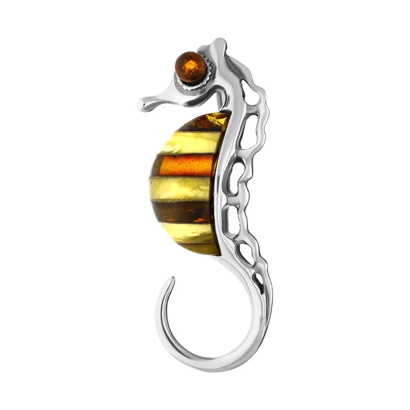 Sterling Silver Baltic Amber Multicolour Stone Seahorse Brooch sold by Jura Watches