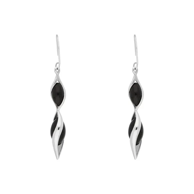 Sterling Silver Whitby Jet Double Graduated Twist Drop Earrings sold by Jura Watches