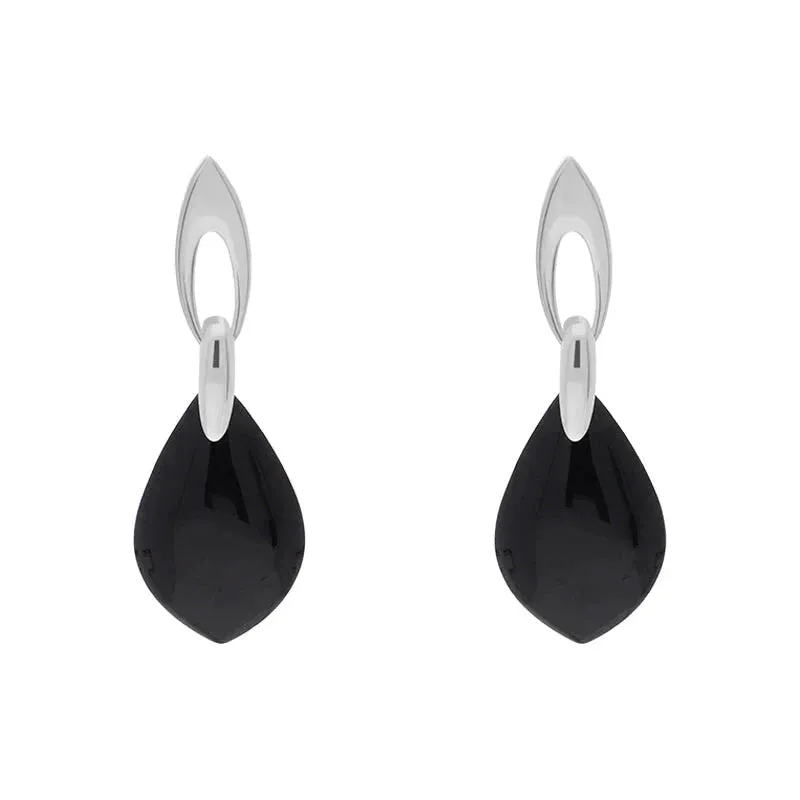 Sterling Silver Whitby Jet Flat Pear Shaped Drop Earrings sold by Jura Watches