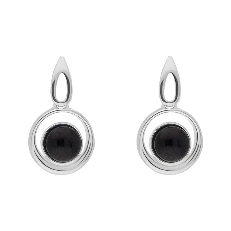 Sterling Silver Whitby Jet Round Swirl Drop Earrings sold by Jura Watches