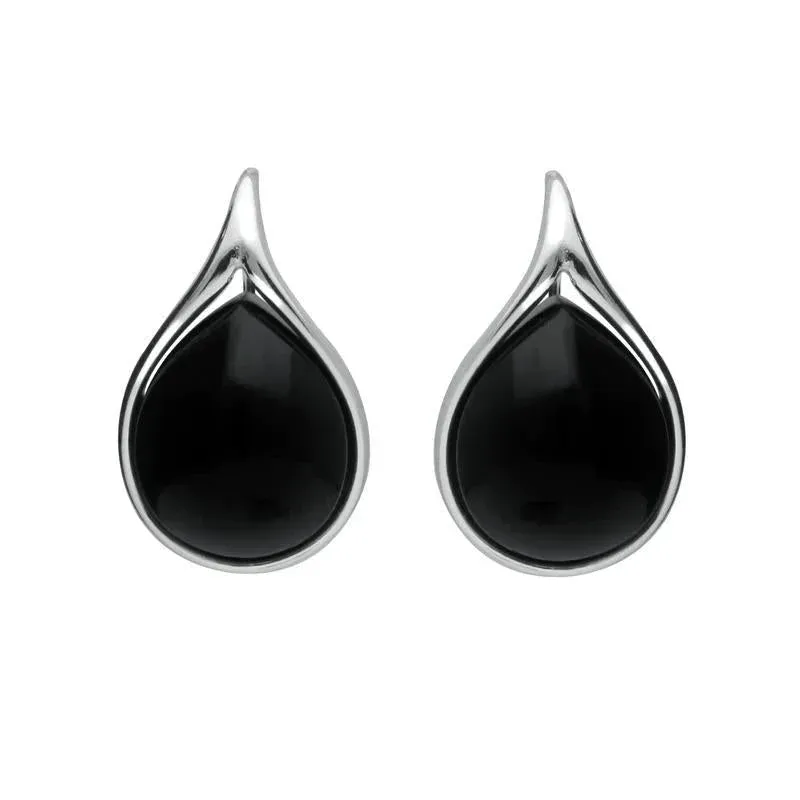 Sterling Silver Whitby Jet Open Edge Pear Drop Earrings made by C.W. Sellors