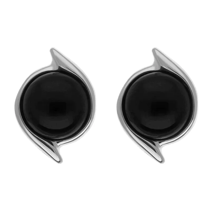 Sterling Silver Whitby Jet Round Swirl Edge Stud Earrings sold by Jura Watches