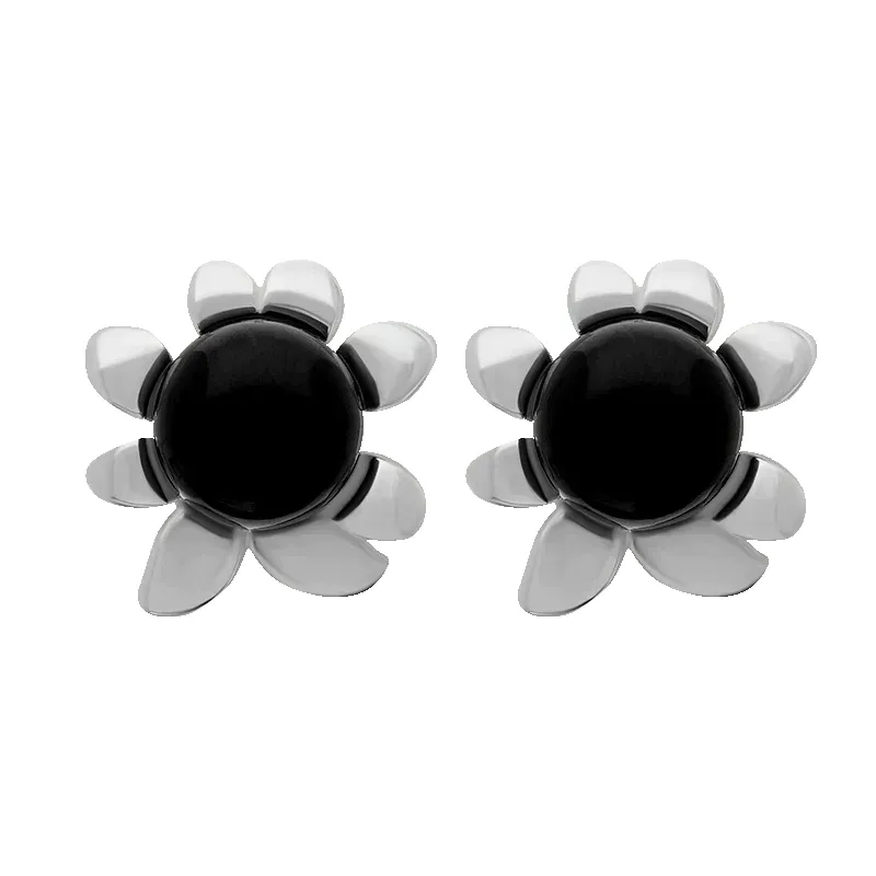 Sterling Silver Whitby Jet Small Round Petal Edge Stud Earrings sold by Jura Watches