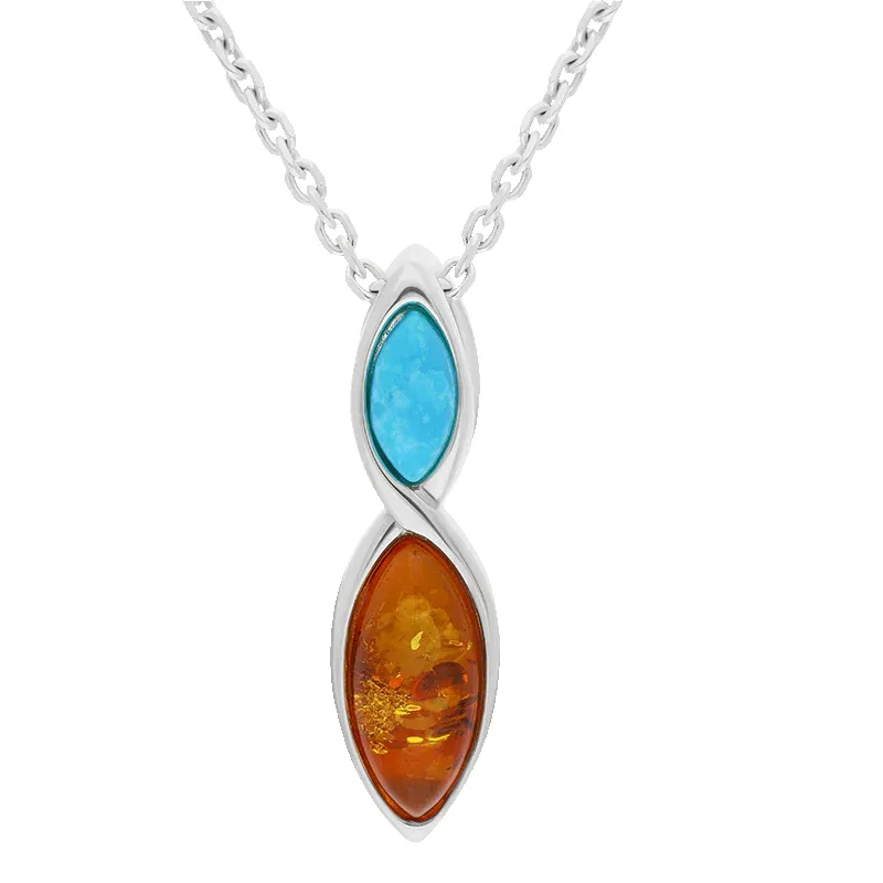Sterling Silver Amber Turquoise Two Stone Marquise Necklace sold by Jura Watches