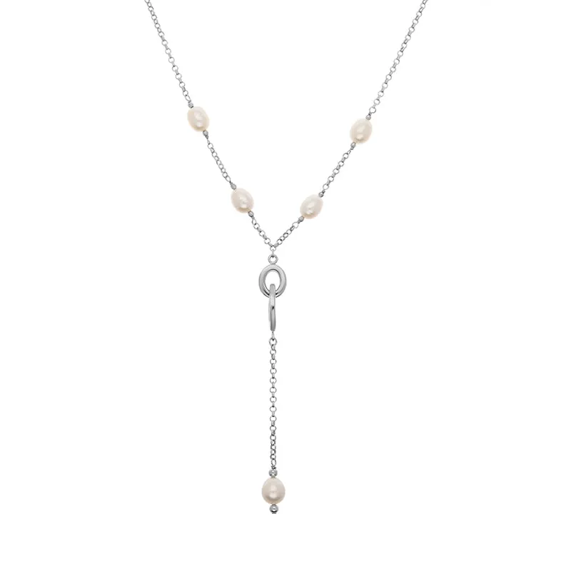 Sterling Silver White Pearl Oval Double Drop Necklace D sold by Jura Watches