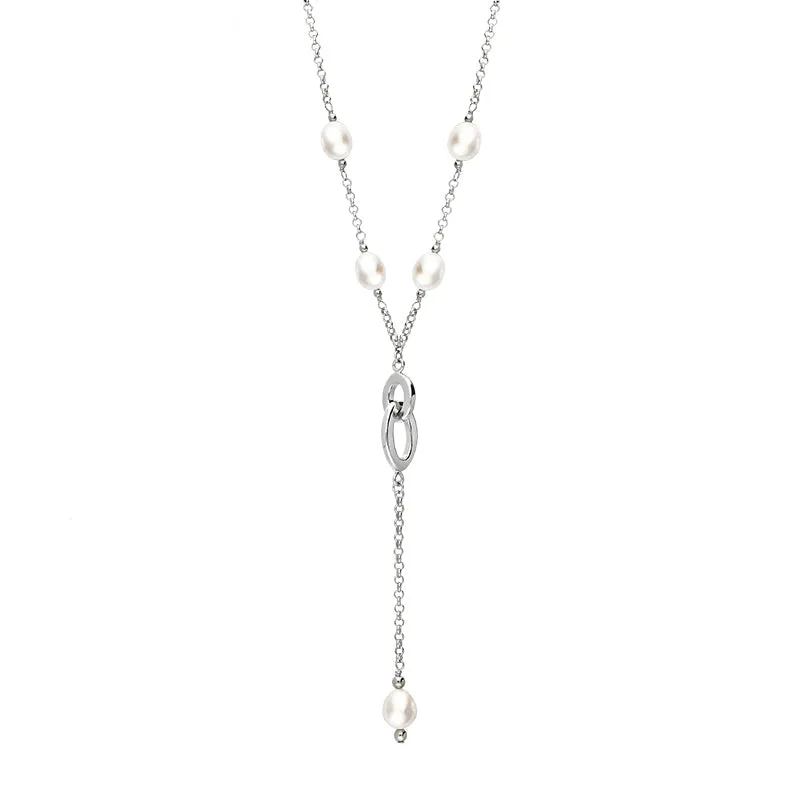 Sterling Silver White Pearl Five Stone Double Oval Drop Necklace D sold by Jura Watches