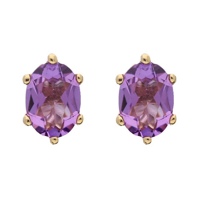 9ct Yellow Gold Sterling Silver Amethyst Stepping Stones 4x7mm Oval Claw Set Stud Earrings sold by Jura Watches