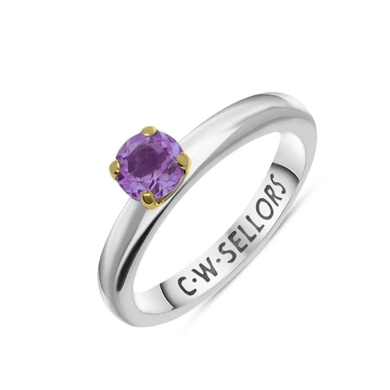 9ct Yellow Gold Sterling Silver Amethyst Stepping Stones 5mm Round Claw Set Ring sold by Jura Watches