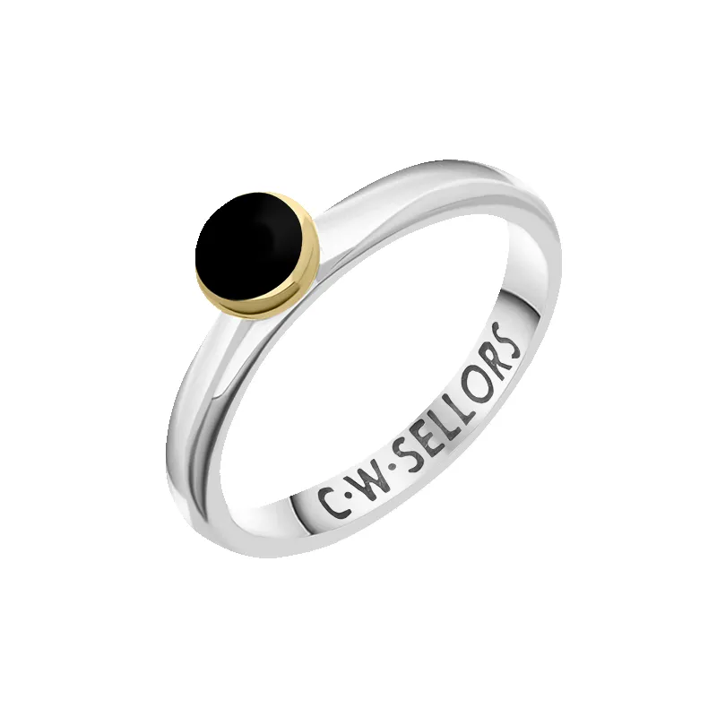 9ct Yellow Gold Sterling Silver Whitby Jet Stepping Stones 5mm Round Bezel Set Ring sold by Jura Watches