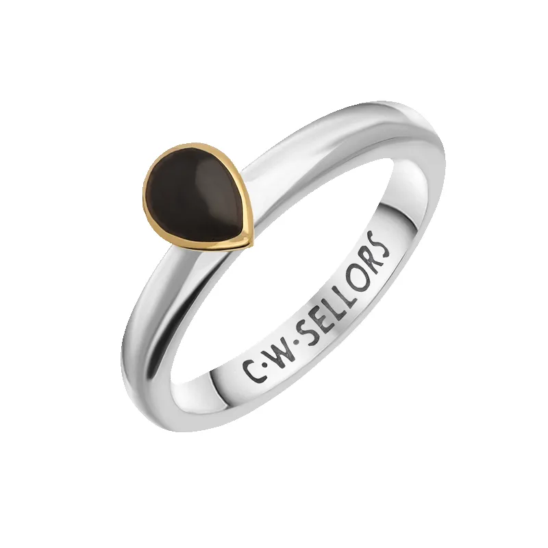 9ct Yellow Gold Sterling Silver Whitby Jet Stepping Stones 5x7mm Pear Cut Bezel Set Ring sold by Jura Watches