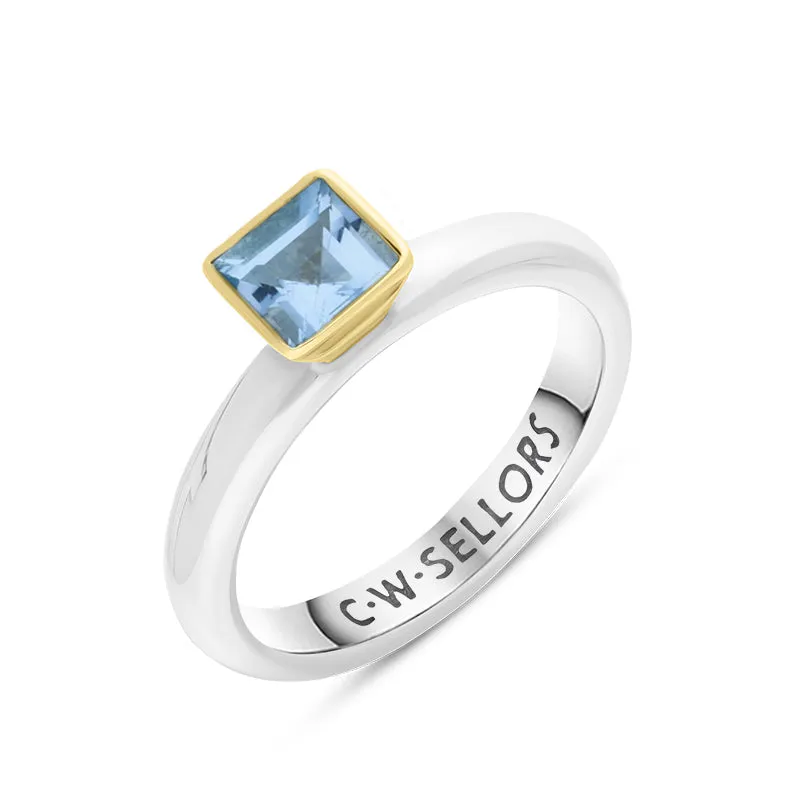 9ct Yellow Gold Sterling Silver Blue Topaz Stepping Stones 5mm Square Bezel Set Ring sold by Jura Watches