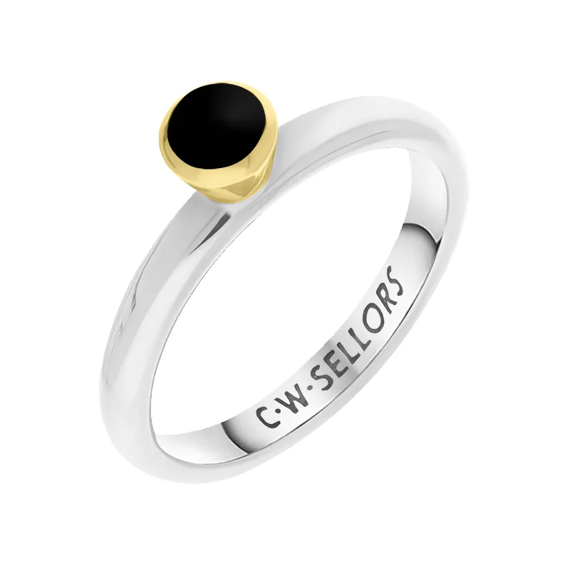 9ct Yellow Gold Sterling Silver Whitby Jet Stepping Stones 5mm Round Bezel Set Ring sold by Jura Watches