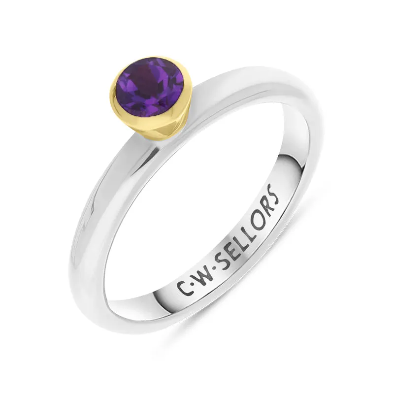 9ct Yellow Gold Sterling Silver Amethyst Stepping Stones 5mm Round Bezel Set Ring sold by Jura Watches