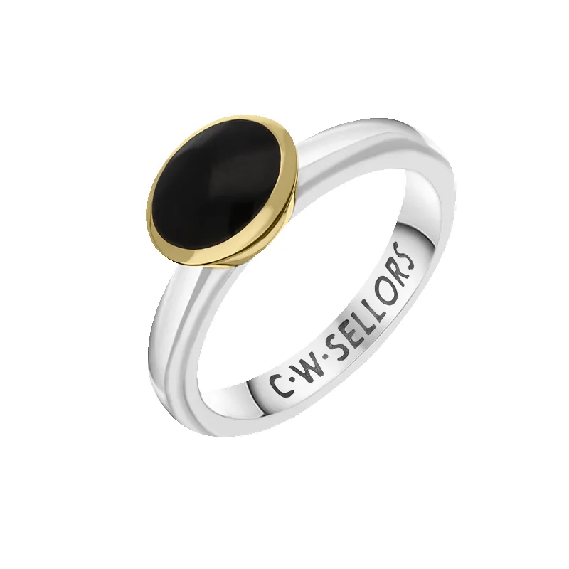 9ct Yellow Gold Sterling Silver Whitby Jet Stepping Stones 6x8mm Oval Bezel Set Ring sold by Jura Watches