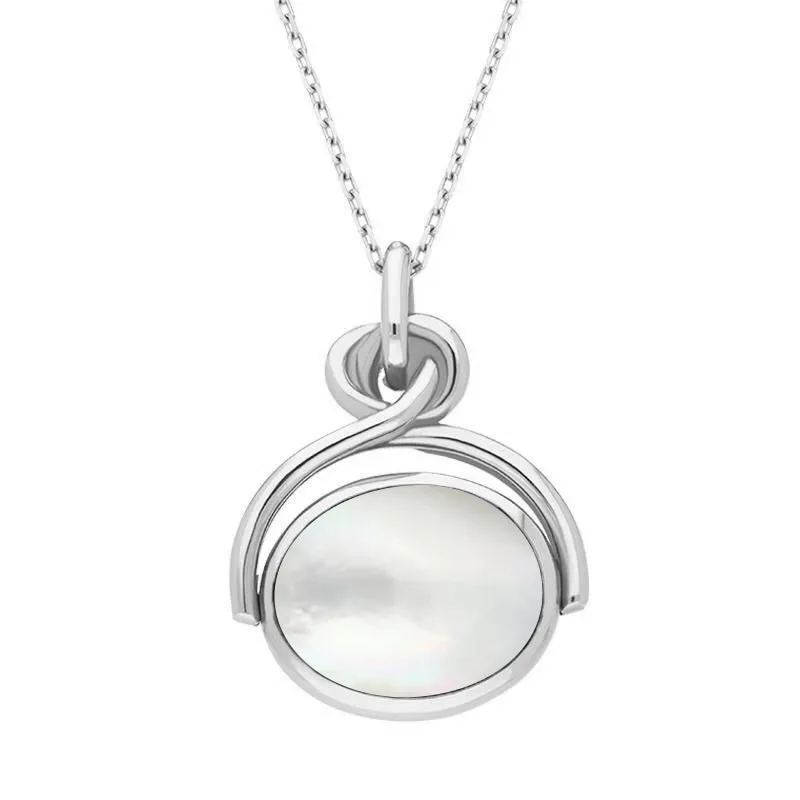9ct White Gold Blue John White Mother of Pearl Oval Swivel Fob Necklace sold by Jura Watches