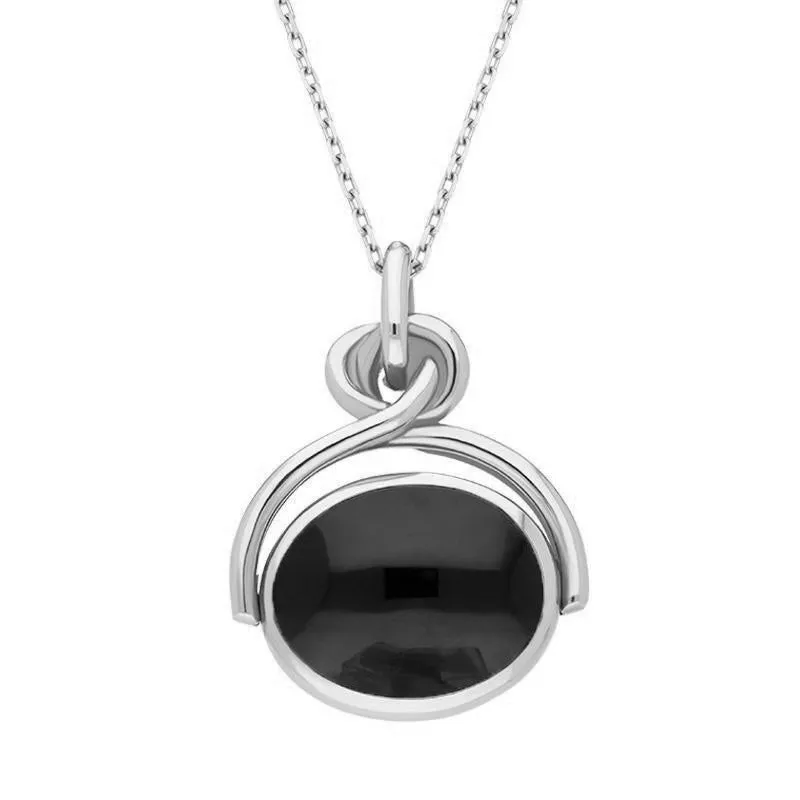 9ct White Gold Whitby Jet White Mother of Pearl Oval Swivel Fob Necklace sold by Jura Watches