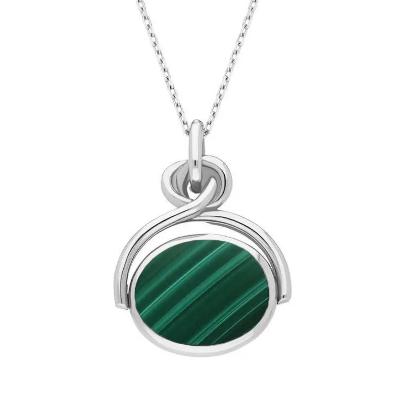9ct White Gold Whitby Jet Malachite Oval Swivel Fob Necklace sold by Jura Watches
