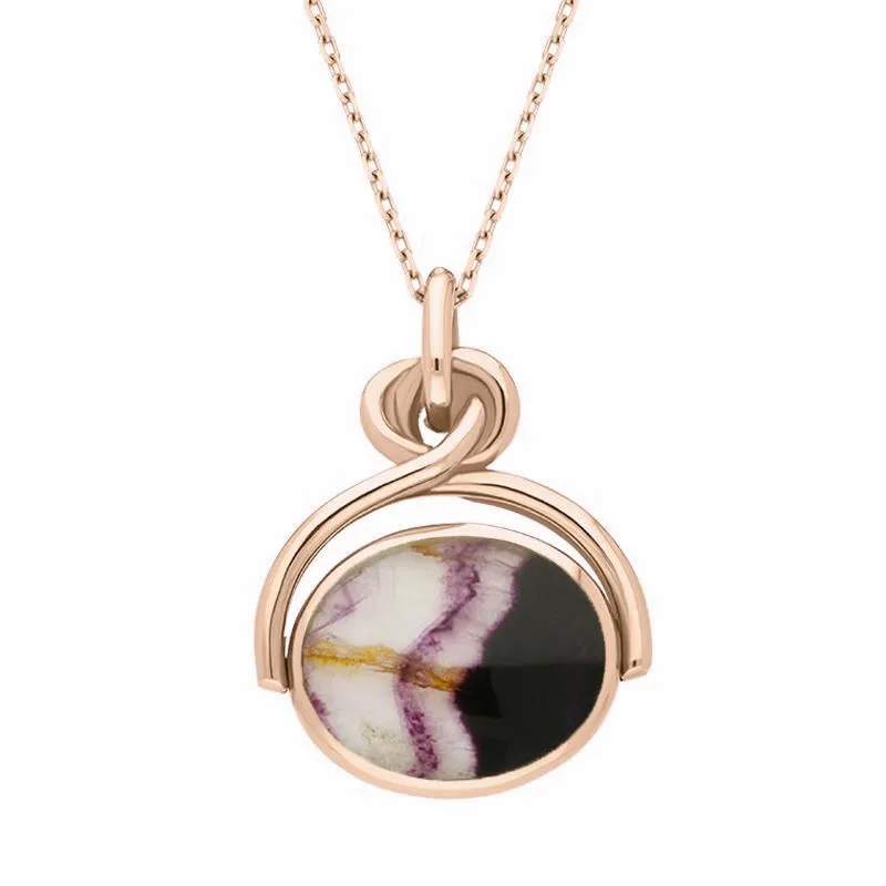 18ct Rose Gold Whitby Jet Blue John Oval Swivel Fob Necklace sold by Jura Watches