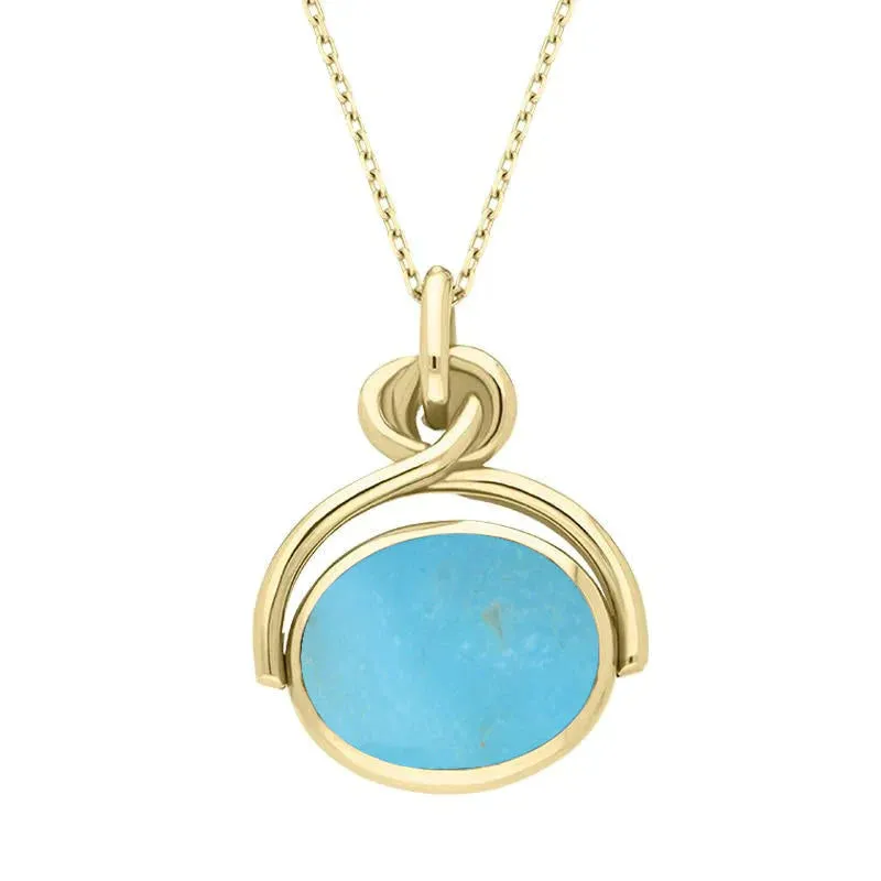 9ct Yellow Gold Whitby Jet Turquoise Oval Swivel Fob Necklace sold by Jura Watches